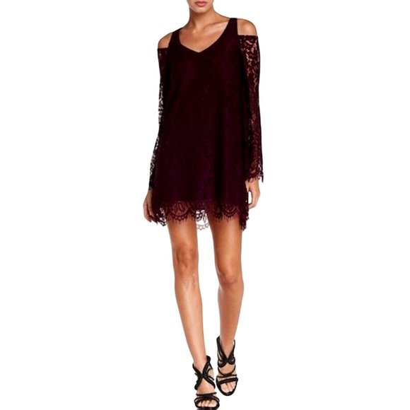SALE Chaser NWT Cold Shoulder Mini Dress Black Lace Open Back Bell Sleeve Sz M - Picture 1 of 10